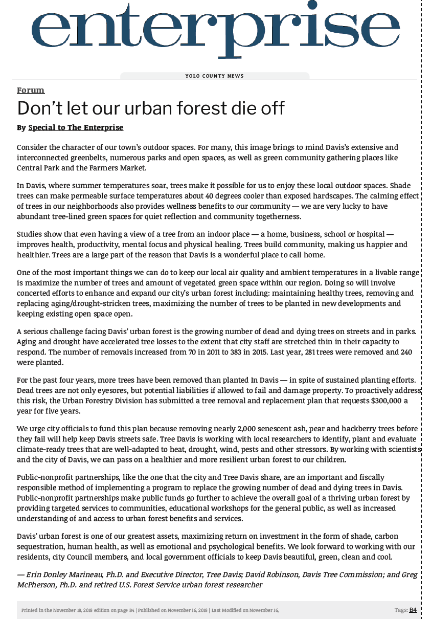 "Don't Let Our Urban Forest Die Off," Op-ed from the Davis Enterprise (11-16-18)